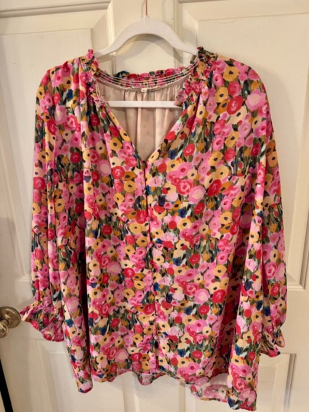 Entro Floral Button Front Blouse Pink Yellow Ruffle Neck Artsy Size XL
